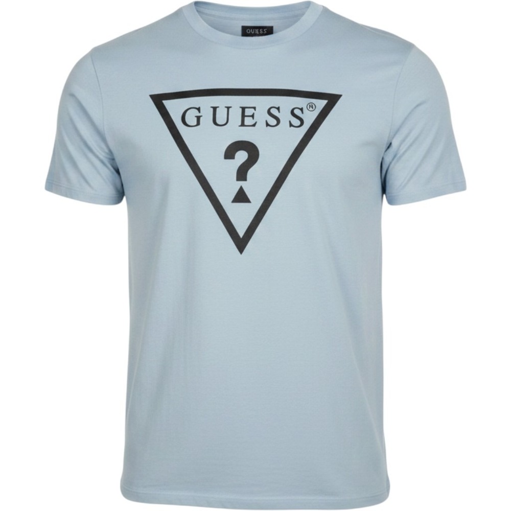 Guess Mens Logo T-Shirt Light Blue Short Sleeve Triangle Graphic Tee Small